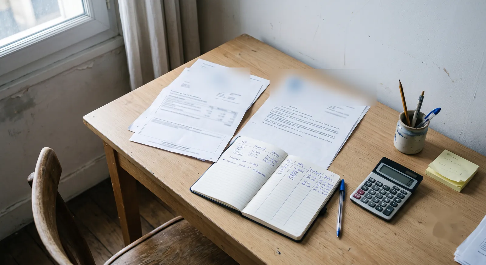 Documents administratifs, carnet de notes et calculatrice posés sur une table de travail