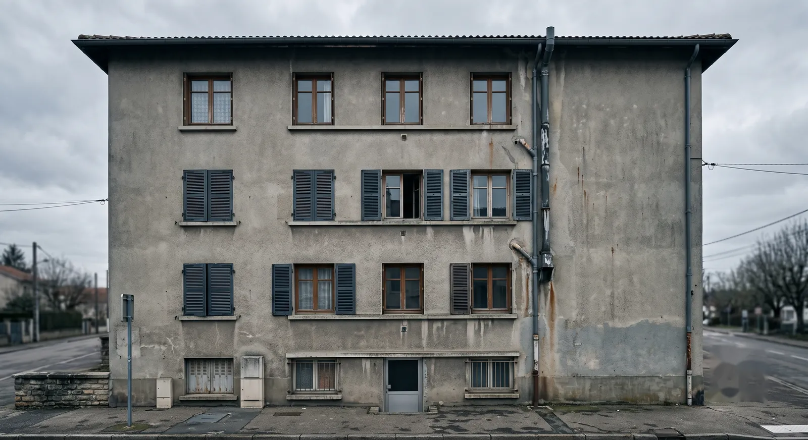 Façade d'un petit immeuble de rapport français des années 1960, crépi gris et volets anciens