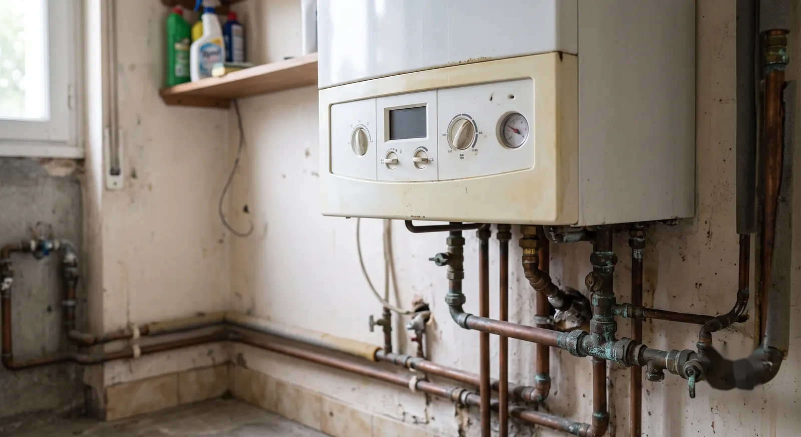 Chaudière murale gaz d'une quinzaine d'années dans un cellier, écran éteint, raccords cuivre oxydés