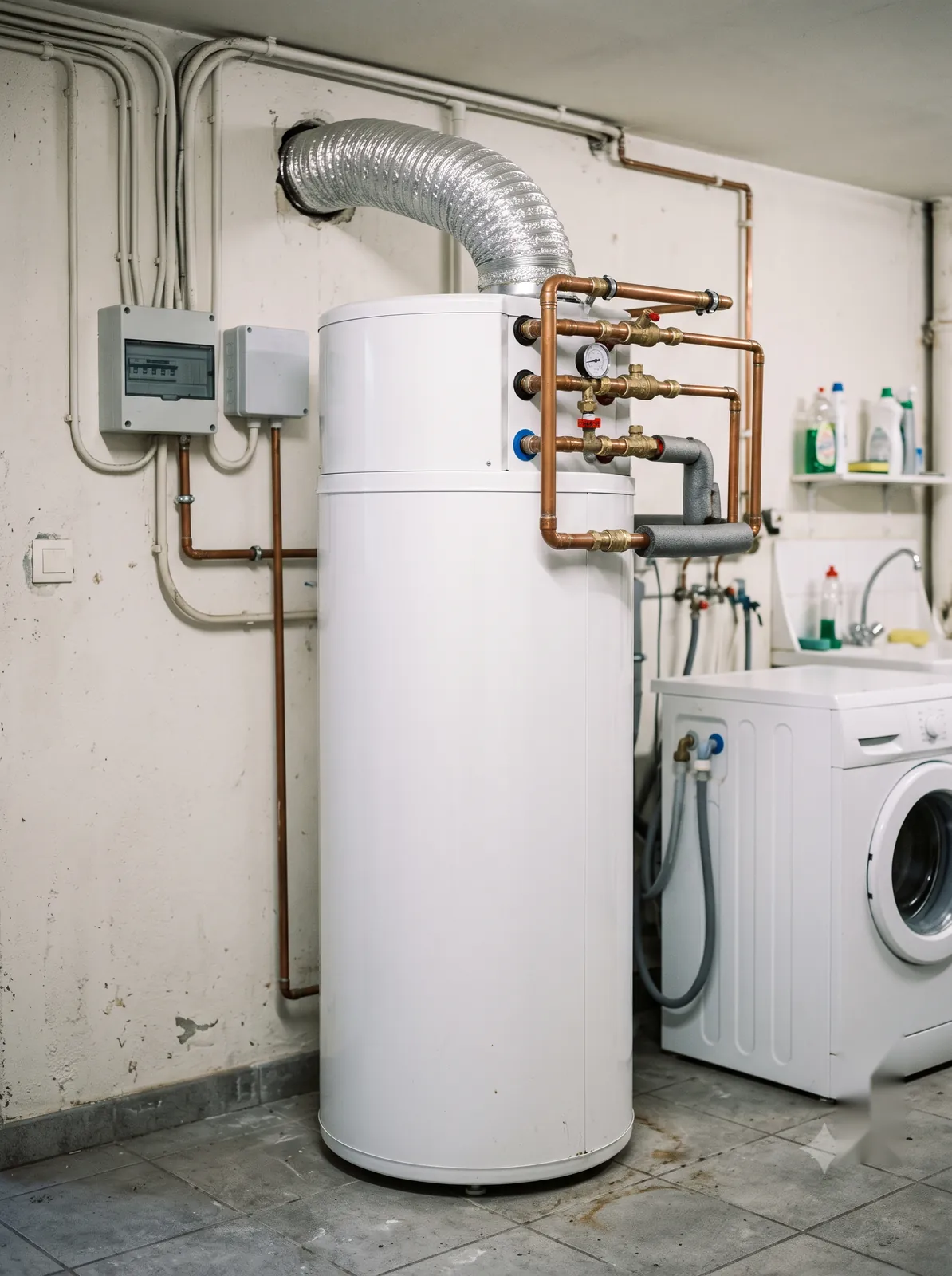 Chauffe-eau thermodynamique installé dans une buanderie, avec ses raccordements cuivre et sa gaine d'air