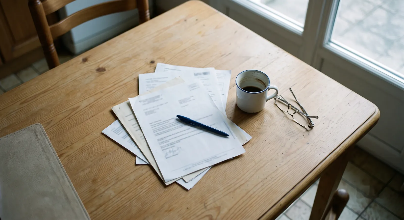 Factures et courriers empilés sur une table de cuisine, avec une tasse de café et des lunettes