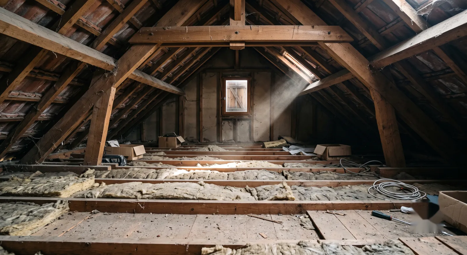Combles perdus d'une maison française, charpente bois apparente et laine minérale entre les solives
