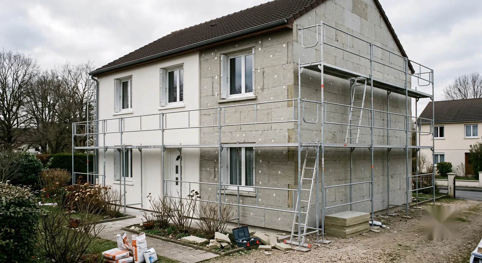 Maison individuelle en cours d'isolation par l'extérieur, panneaux isolants posés et échafaudage monté