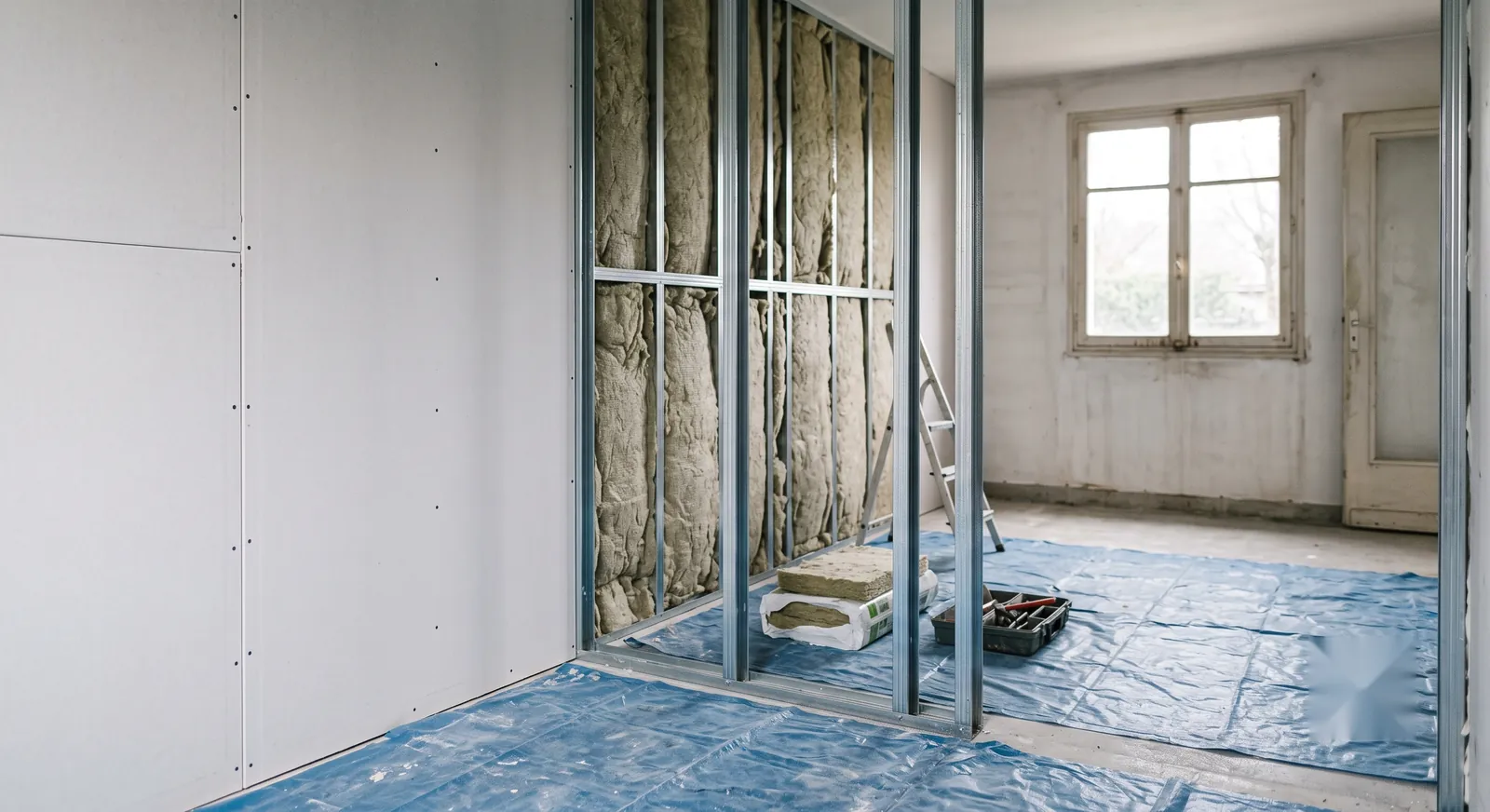 Mur en cours de doublage intérieur : ossature métallique, laine minérale et plaques de plâtre