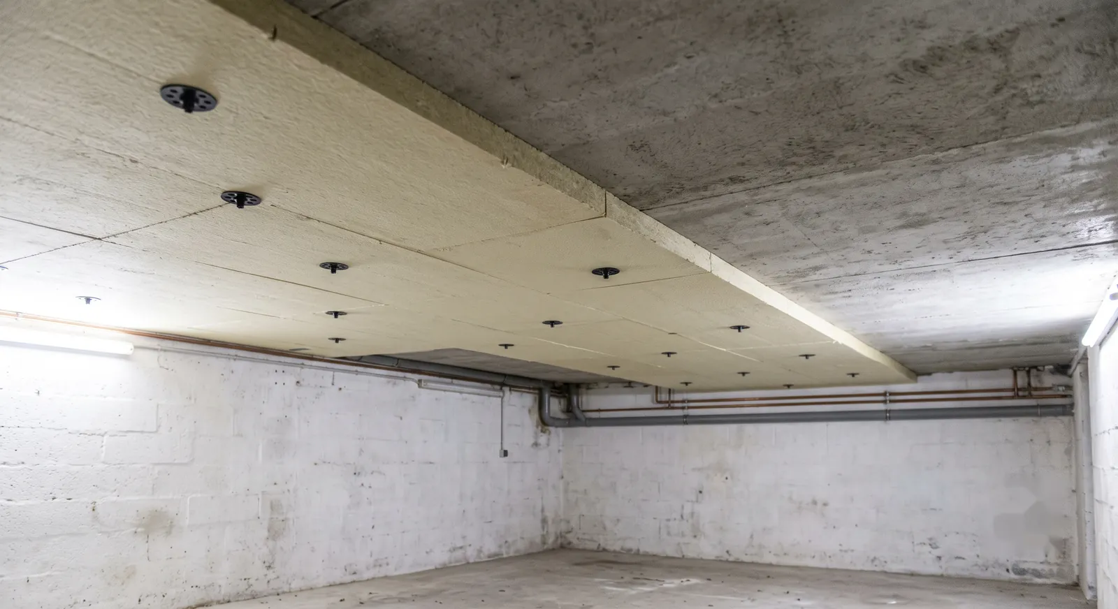 Plafond de cave en cours d'isolation par le dessous, panneaux isolants fixés sous la dalle béton
