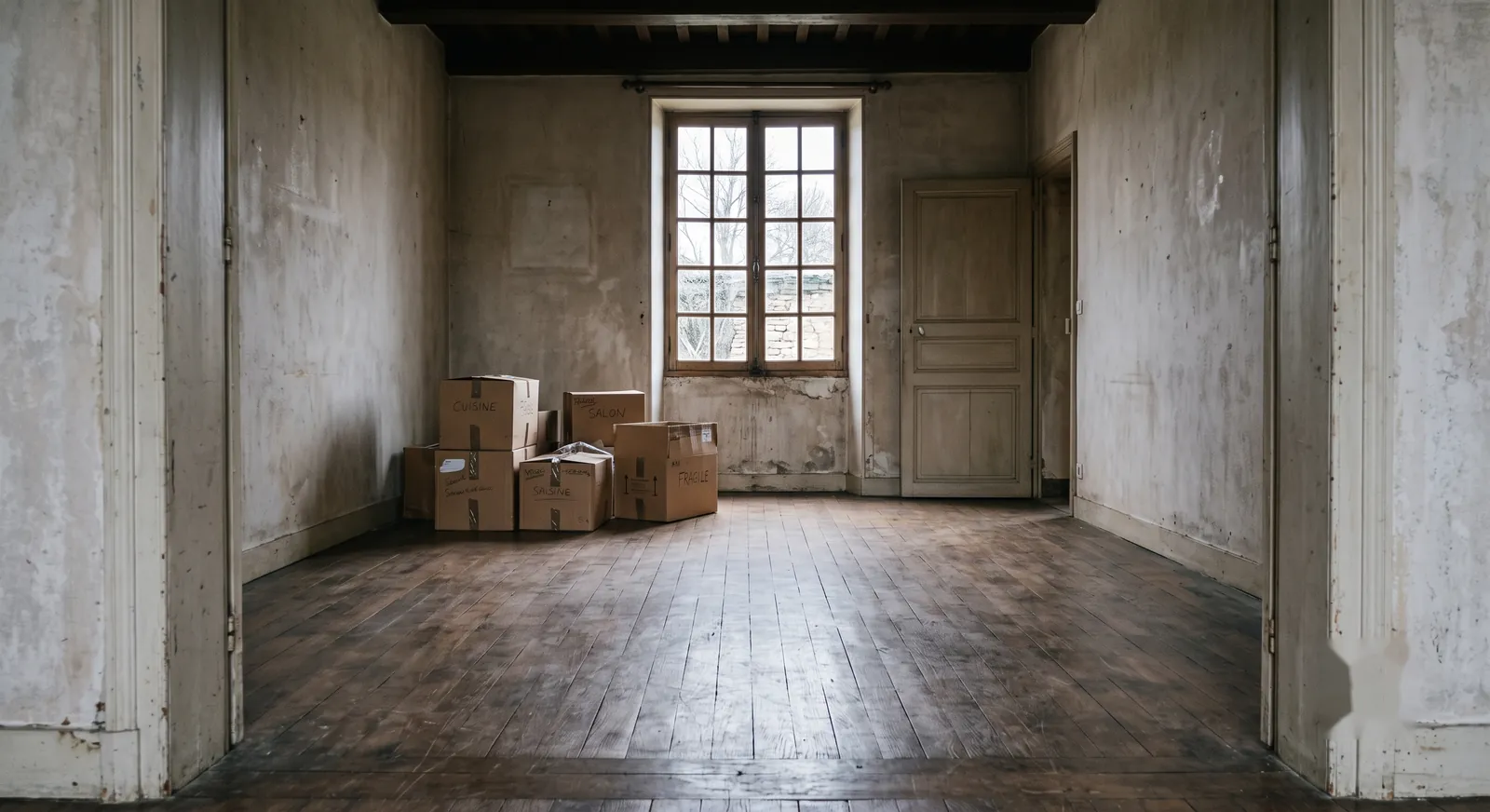 Pièce vide d'une maison ancienne en cours d'emménagement, parquet ancien et cartons de déménagement