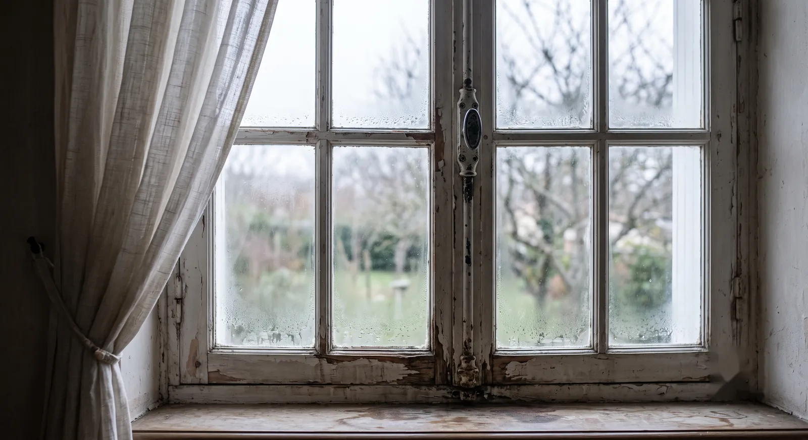 Fenêtre ancienne à simple vitrage vue de l'intérieur, condensation sur les carreaux et cadre bois écaillé