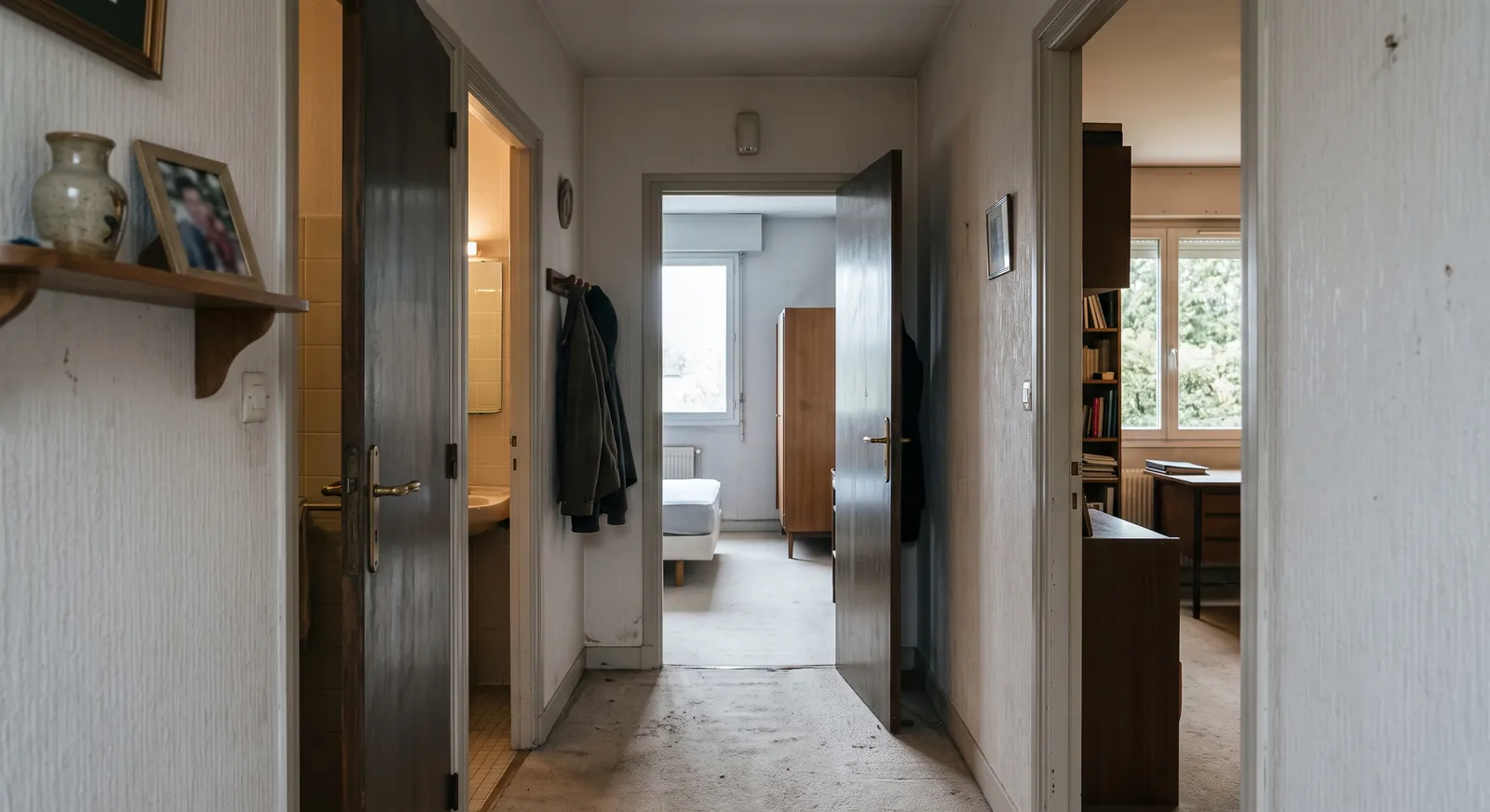 Couloir d'une maison française avec plusieurs portes entrouvertes sur des pièces différentes