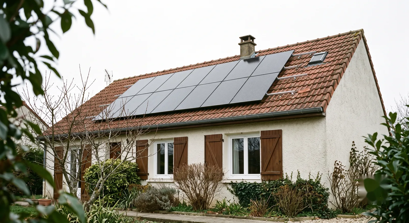 Toiture en tuiles équipée de panneaux photovoltaïques en surimposition, par ciel couvert
