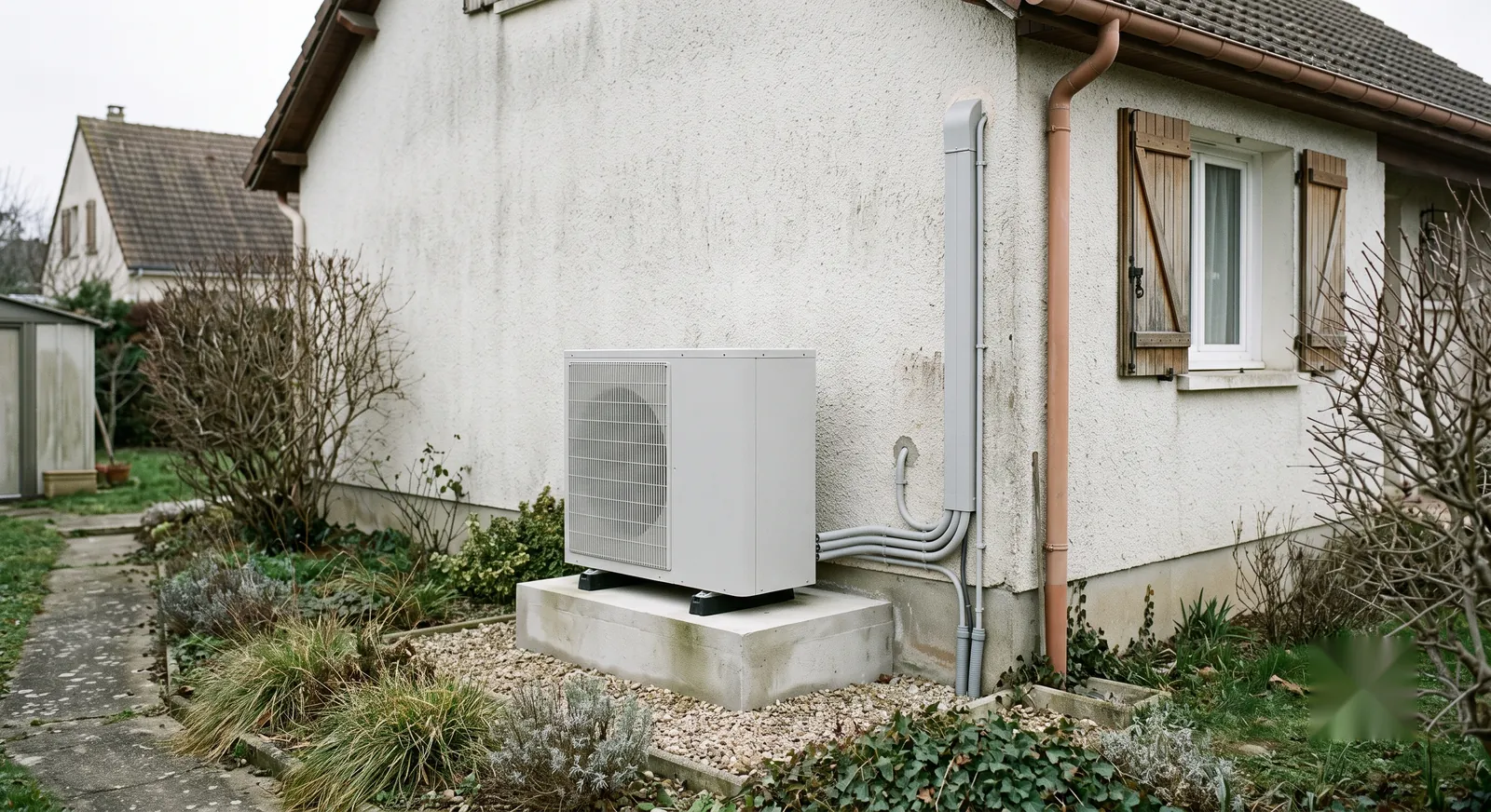 Unité extérieure de pompe à chaleur air/eau sur socle béton, contre le mur d'une maison individuelle